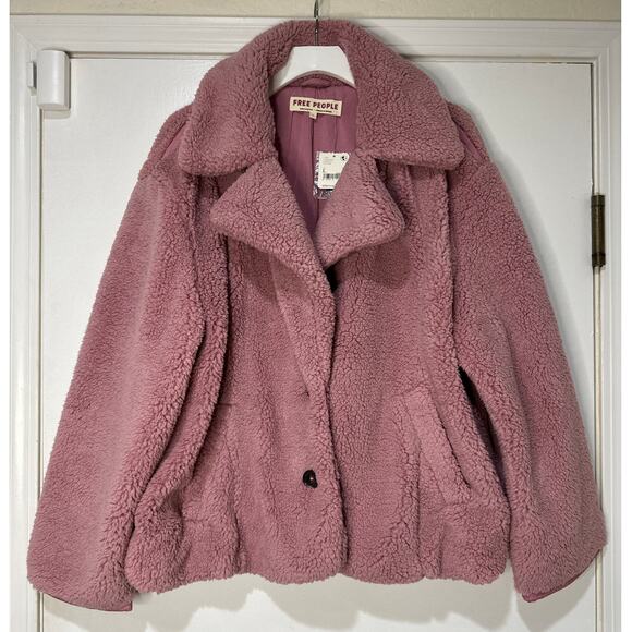 Free People Joplin Faux Fur Cozy Teddy Jacket Smoked Pink Size Large NWT Slouchy - Picture 2 of 15